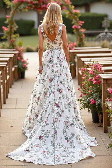 White Floral A Line Long Wedding Dress